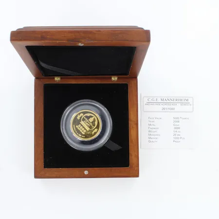 Kultaraha, 5000 Togrog, 2008, C.G.E. Mannerheim, 261/1000, mongolia, 999,  Paino: 7,8 g (kuvaustekstiä muutettu 21.02.2022)