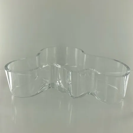 Aalto-malja, Iittala, mitat 50x195mm, useita iskeymiä ja kaksi lohkeamaa reunassa, kirkas 