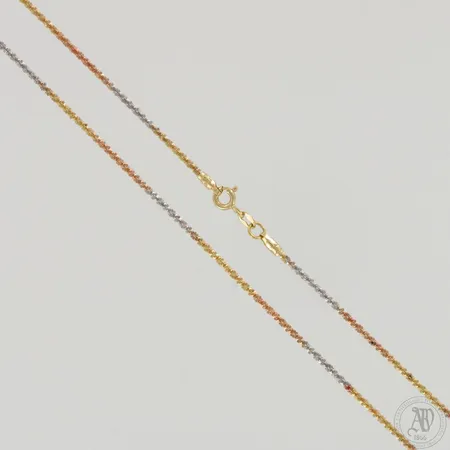 Kaulaketju, pituus 46,5cm ja leveys 2mm, 750 kelta-, puna- ja valkokulta,  Paino: 3,5 g