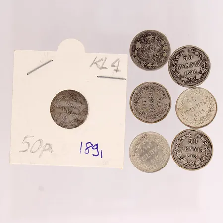 Seitsemän hopeista 50 pennin kolikkoa, Suomi, vuosilta 1874-1915, 750, Paino: 0 g