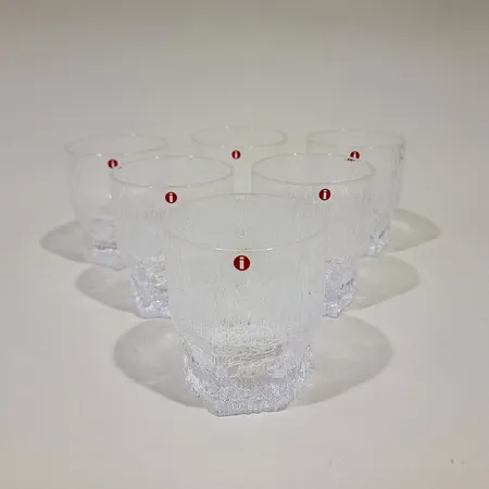 Kuusi viskilasia, Iittala Aslak, Design Tapio Wirkkala, tilavuus 25cl, korkeus 90mm, Ø 78mm, laatikoissa Lähetetään postipakettina.