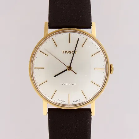 Kultarannekello, Tissot Stylist, mekaaninen, rungon Ø 33mm, nahkarannekkeen pituus 195mm, 585br,