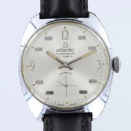 Teräsrannekello Atlantic scandinavian, 17 jewels, incabloc, swiss made, mekaaninen, käytön jälkiä, rungon Ø35mm, nahkaranneke, rannekkeen pituus 170-215mm, 