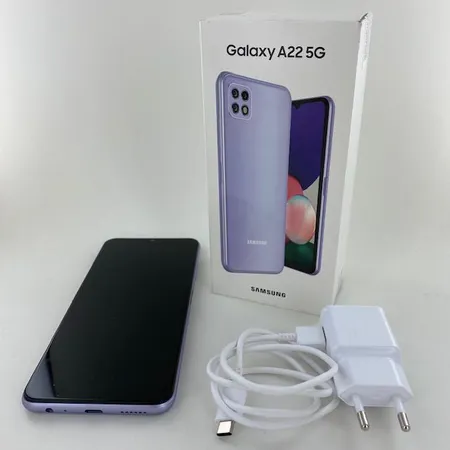 Puhelin, Samsung Galaxy A22 5G, violetti, 64GB, laturi ja laatikko. 
