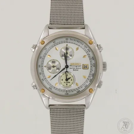Teräsrannekello Seiko Chronograph WR50M, quartz, Ø 36mm, rannekkeen pituus 180mm, pientä käytöstä aiheutunutta kulumaa. 