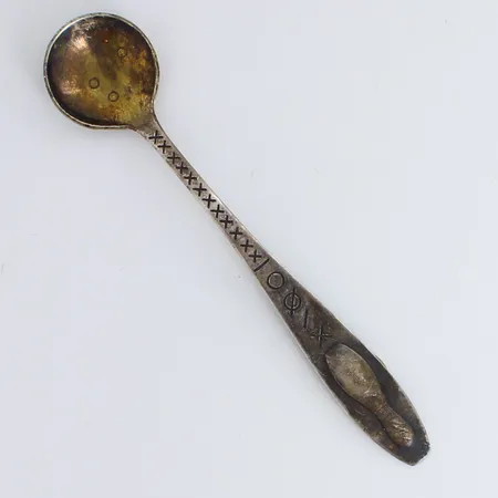 Emaloitu lusikka, kaiverrettu, taittunut, pituus 116mm, 830hbr,  Paino: 12,6 g