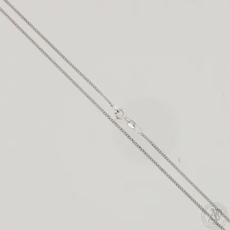 Panssarikaulaketju, pituus 46cm ja leveys 1,3mm, 585 valkokulta,  Paino: 2,8 g