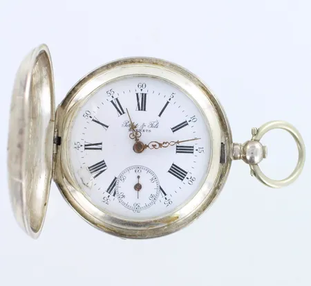 Viallinen hopeataskukello, Perret & Fils Brenets, avainvetoinen, ei avainta, Ø 48mm, käytön jälkiä, 875br,
