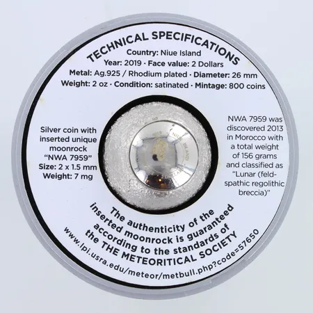 Hopeakolikko kuukiven palalla, 2 dollars, Niue Island, 2019, Rhodium plated Silver, 925br,  Paino: 62,5 g