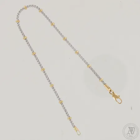 Ranneketju, pituus 185mm, leveys 1,5-2,5mm, 585 kelta- ja valkokulta,  Paino: 2,5 g
