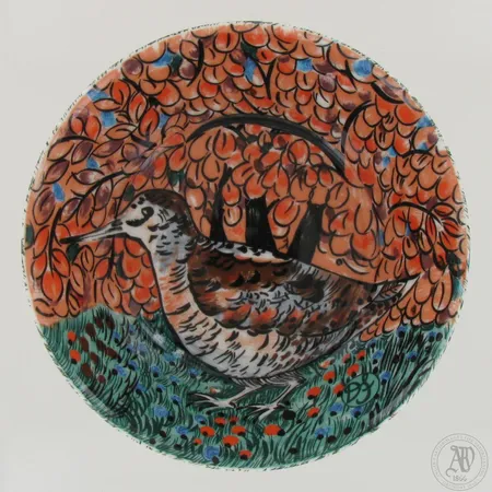 Kuusi syvää lautasta, Lehtokurppa, Hubertus, Pro Arte 1994, Dorrit Von Fieandt, Arabia, Ø 16,5cm, käytöstä aiheutunutta kulumaa.