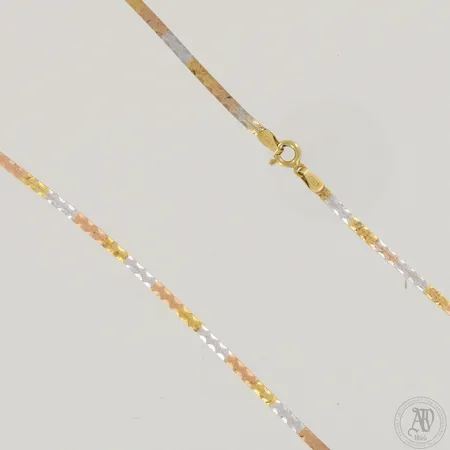 Kaulaketju, pituus 40cm ja leveys 3mm, 750 kelta-, puna- ja valkokulta,  Paino: 4,7 g