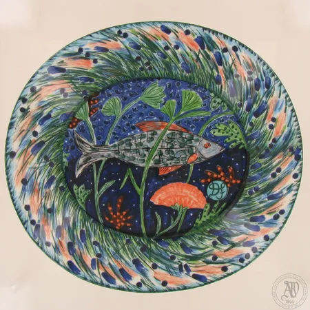 Kuusi lautasta, Ahven, Hubertus, Pro Arte 1994, Dorrit Von Fieandt, Arabia, leveys 25cm, käytöstä aiheutunutta pientä kulumaa.