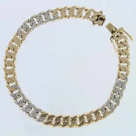 Panssariranneketju timanteilla 60xn.0.005ct, leveys 7,2mm, pituus 200mm, 585 kelta- ja valkokulta, Paino: 24,6 g