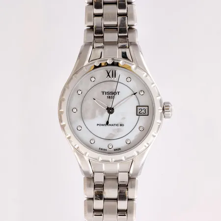 Teräsrannekello Tissot T-Lady Powermatic 80 Automatic, ref.T072.207.11.116.00, rungon Ø 34mm, helmiästaulu timanteilla, hihnan pituus 155mm, jatkopalat ja paperit ja laatikko.