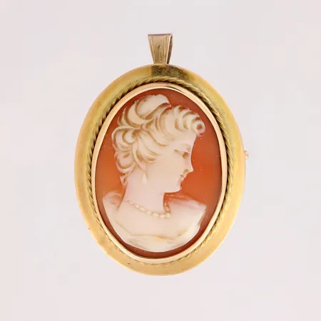 Camee-rintaneula riipus lenkillä, korkeus 36mm, leveys 25mm, 585br,  Paino: 5,6 g