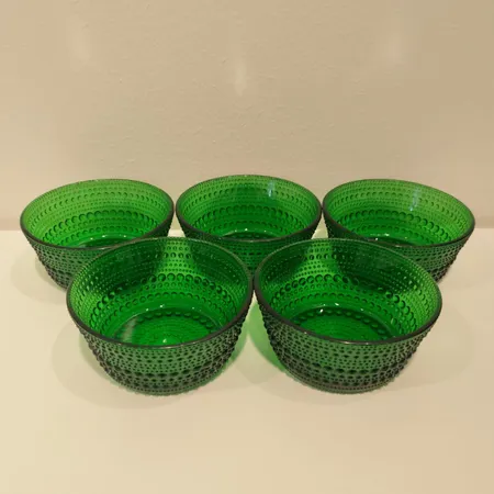 Viisi jälkiruokakulhoa, kastehelmi, Iittala, vihreä, korkeus 50mm, 