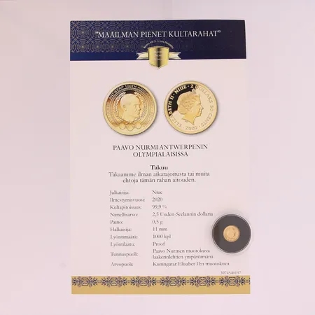 Kultaraha 2,5 Uuden-Seelannin dollaria, 2020, Paavo Nurmi Antwerpenin Olympialaisissa, "Maailman pienet kultarahat", 999,  Paino: 0,5 g