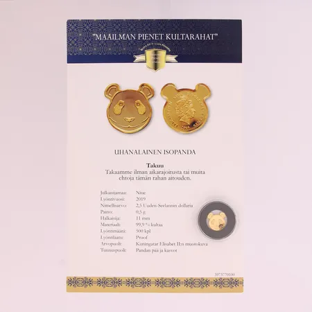 Kultaraha 2,5 Uuden-Seelannin dollaria, 2019, Uhanalainen isopanda, "Maailman pienet kultarahat", 999,  Paino: 0,5 g