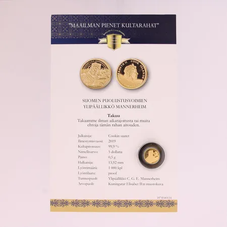 Kultaraha 5 dollaria, 2019, Suomen puolustusvoimien ylipäällikkö Mannerheim, "Maailman pienet kultarahat", 999,  Paino: 0,5 g