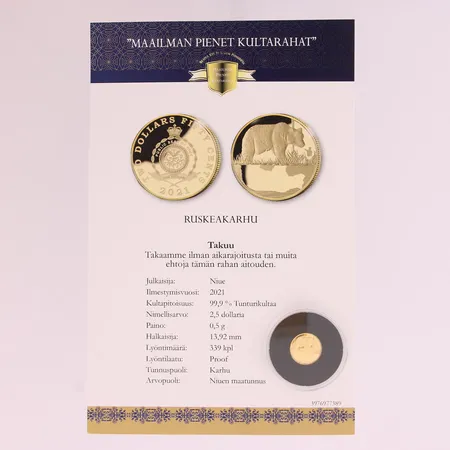 Kultaraha 2,5 dollaria, 2021, Ruskeakarhu, "Maailman pienet kultarahat", 999,  Paino: 0,5 g