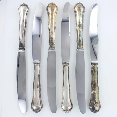 Kuusi ruokaveistä, Chippendale, kaiverrettu ja käytön jälkiä, pituus 230mm, 813br,  Paino: 426,2 g