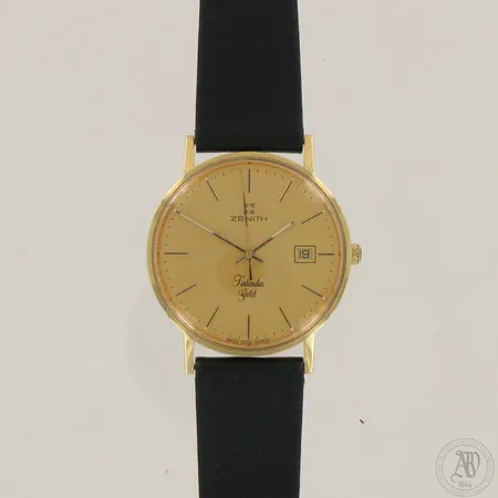 Kultarannekello Zenith Finlandia Gold nahkarannekkeella, quartz, kaiverrettu ja lasissa pieniä naarmuja, Ø 35mm, pituus 160 - 200mm, ei patteria, 585br,  