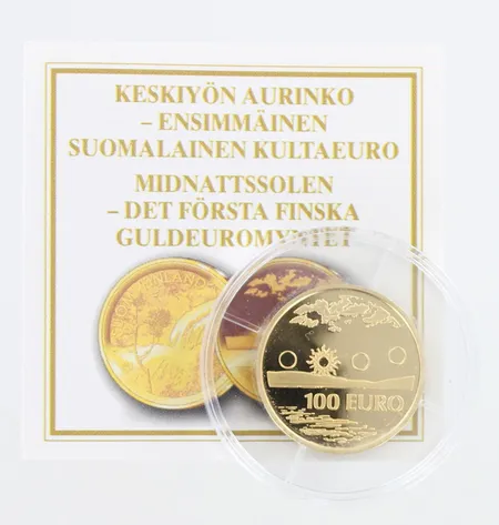 Kultaraha Suomi 2002, Keskiyön aurinko - ensimmäinen suomalainen kultaeuro, nimellisarvo 100 euroa, todistus, 003730, 900, Paino: 8,6 g