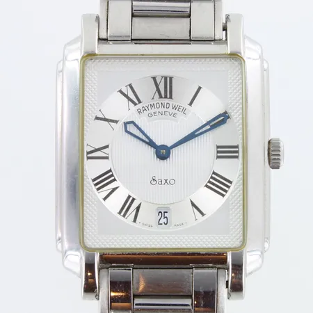 Teräsrannekello Raymond Weil Saxo, Geneve, 9110, swiss made, quartz, patteri loppunut, rungon mitat 30x34mm, teräsrannekkeen pituus 185mm, laatikko