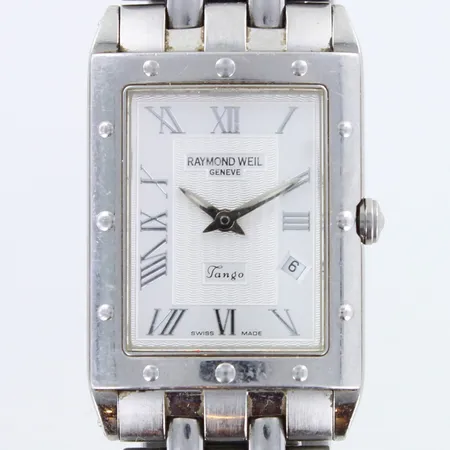 Teräsrannekello Raymond Weil Tango Geneve, 5981, Swiss Made, quartz, patteri loppunut, rungon mitat 24x29mm, käytön jälkiä, teräsrannekkeen pituus 175mm, 