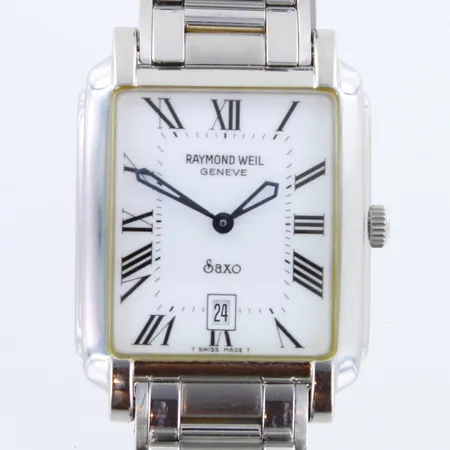 Teräsrannekello Raymond Weil Saxo Geneve, 9110, Swiss Made, quartz, S:N Z512643, patteri loppunut, rungon mitat 30x35mm, pientä käytön jälkeä, teräsrannekkeen pituus 185mm, 