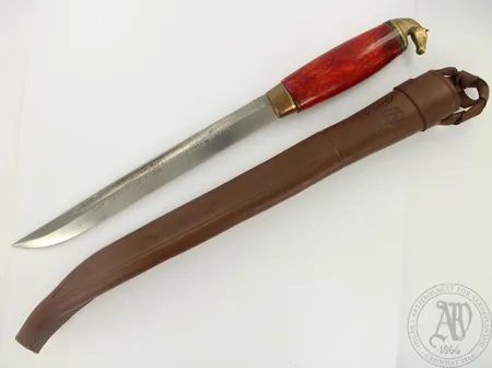 Puukko nahkatupessa, hevosenpää, Kivimäen Puukkopaja, pituus 32cm, kaiverrettu 