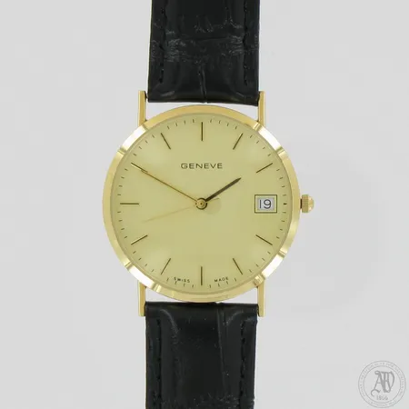 Kultarannekello Geneve nahkarannekkeella, pituus 170-210mm, leveys 15-20mm, Ø 30mm, quartz, säilytysrasia, 585br,  Paino: 21,6 g
