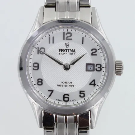Teräsrannekello Festina Sapphire, 10bar, paristo loppunut,  rungon Ø29mm, teräsrannekkeen pituus 160mm, kaksi rannekkeen jatkopalaa,