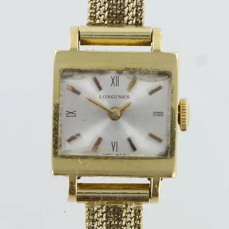 Kultarannekello Longines, Swiss made, 17 jewels, cal 410,  mekaaninen, käytön jälkiä, kaiverrettu, rungon mitat 17x17mm, ranneke viallinen, rannekkeen pituus 155mm, runko 750 ja ranneke 585br Paino: 21,2 g