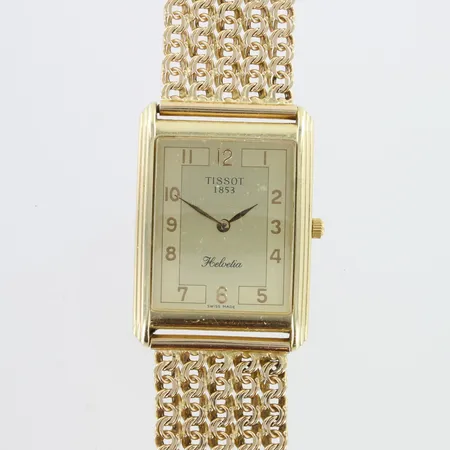 Kultarannekello Tissot 1853 Helvetia, Swiss made, quartz, paristo loppunut, käytön jälkiä, rungon mitat 26x31,5mm, kultarannekkeen pituus 205mm, 585,  Paino: 49,3 g