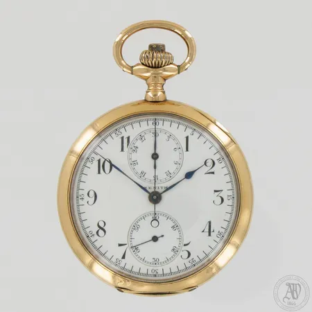 Kultataskukello Zenith Chronographe de precision, 18-kivinen, korkeus 70mm, leveys 50mm, takakannen avaamisesta jäänyt jälkiä runkoon, 585br,   Paino: 80,7 g