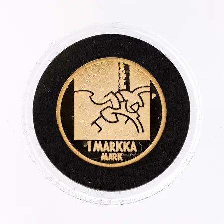 Kultaraha, Suomi 2001, Kultamarkka 2001, nimellisarvo 1 markka, todistus, puulaatikko, 750, Paino: 8,6 g