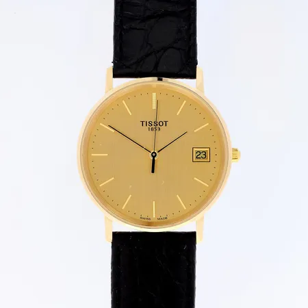 Kultarannekello, Tissot, Goldrun, rungon Ø 34mm, quartz:paristo loppunut, takana kaiverrus, ref. T71.2.411.21, nahkaranneke, laatikko ja takuukortti, 585br, 