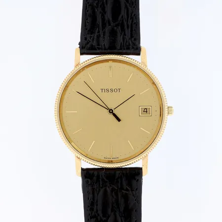 Kultarannekello, Tissot, quartz:paristo loppunu, rungon Ø 33mm, takana kaiverrus, nahkaranneke, laatikko, 585br,