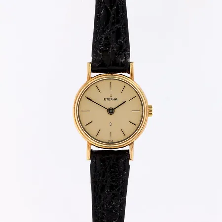 Kultarannekello, Eterna, quartz:paristo loppunut, rungon Ø 18mm, nahkaranneke, 585br, 