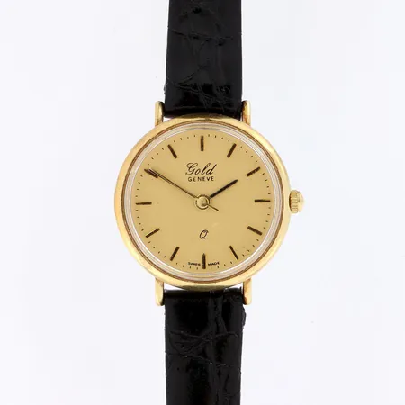 Kultarannekello, Gold Geneve, quartz:paristo loppunut, rungon Ø 23mm, pleksilaissa pientä kulumaa, nahkaranneke, 585br,