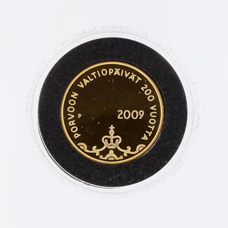 Kultaraha, Suomi 2009, Porvoon valtiopäivät 200 vuotta, nimellisarvo 100 euroa, todistus, puulaatikko, 917, Paino: 6,8 g