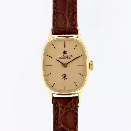 Kultarannekello, Junghans, quartz:paristo loppunut, pleksilasissa jälkiä, rungon mitat 19x23mm, nahkaranneke, 585br