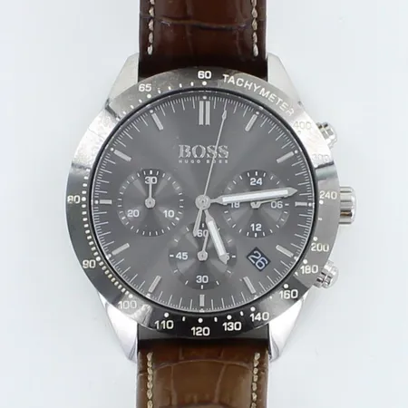 Teräsrannekello Hugo Boss, Talent 1513598, taulun Ø 42mm, nahkaranneke, quartz; paristo loppunut, chrono toiminto viallinen