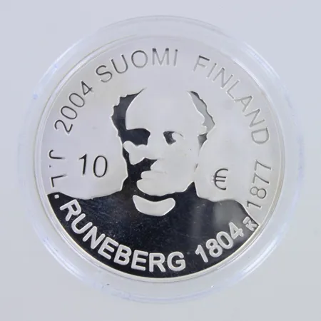 Juhlaraha, 2004, Johan Ludvig Runebergin (1804 - 1877) syntymän 200-vuotisjuhlan kunniaksi, 10euroa, 925,   Paino: 27 g