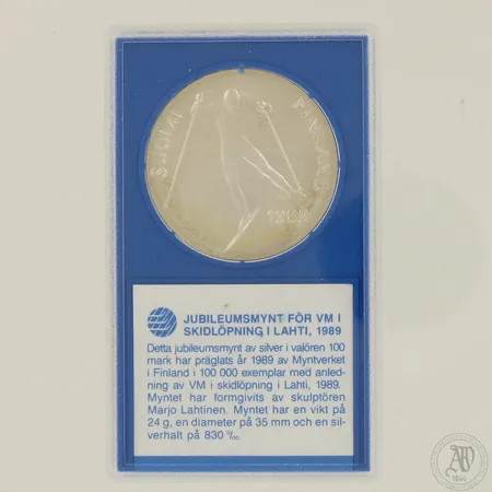 Juhlaraha, Lahden MM-hiihdot 1989, nimellisarvo 100mk, 830, Paino: 24 g Paino: 24 g