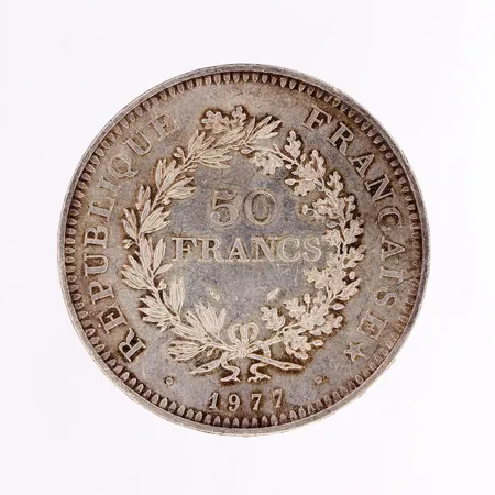 Hopeakolikko, Francs 50, 1977, 900 hopea, Paino: 29,9 g