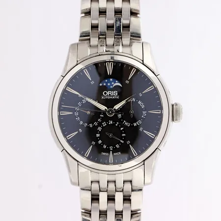 Teräsrannekello, Oris Artelier Complication, automaatti, rungon Ø 40,5mm, rungossa käytön jälkiä, ref. 0158276894054-0752171FC, rannekeen pituus 195mm