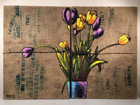 Kaksi öljyvärityötä juuttikankaalle, signeeraus Hannu Palosuo 01/2014, mitat 2 kpl 85x120cm. Nouto ainoastaan myymälästä. 